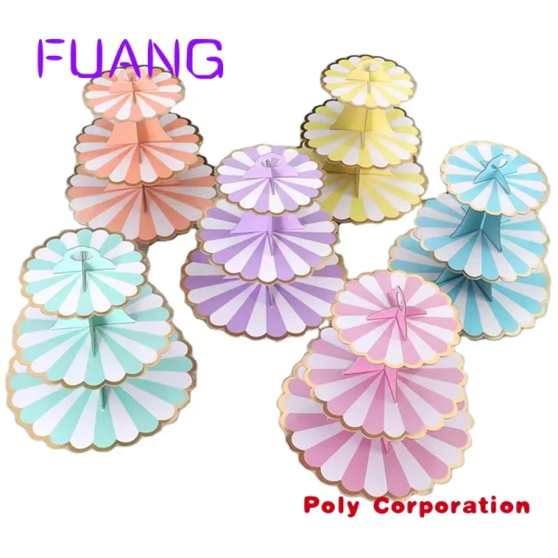 

Custom High Quality Party Decoration 3 Layer Difrent Size Cake Rack Disposable Tableware Paper Cake Stand Tower Tools