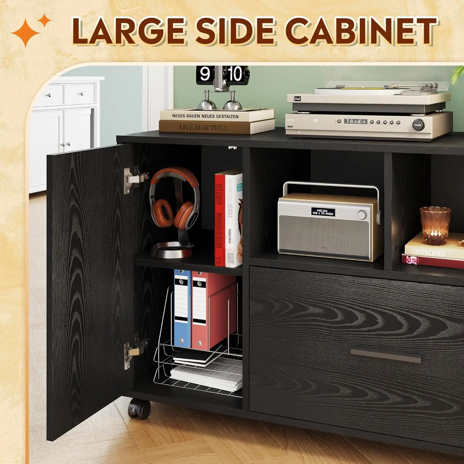 Office File Cabinet with Lock, 1-Drawer Wood Lateral Filing Cabinet on Wheels, Printer Stand with Open Storage Shelves, Black