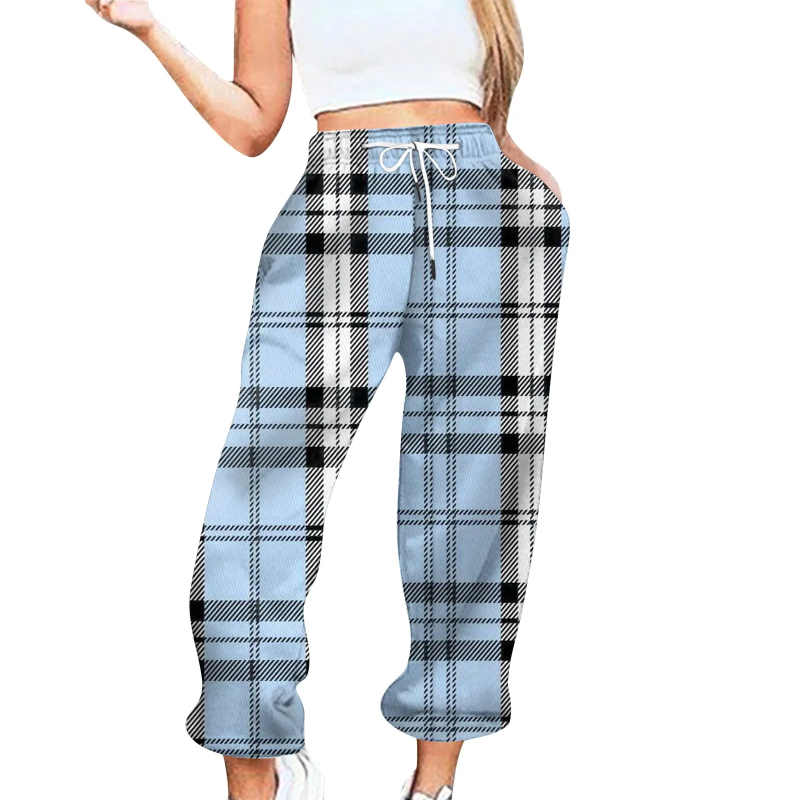 

Women'S Casual Drawstring Pant Fashion Plaid Print Elasticated Waist Sport Pants Small Feet Pants Home Pants Ropa De Mujer