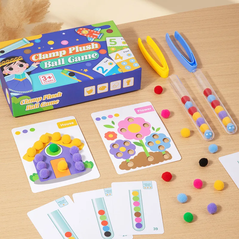 Clamp Plush Ball Game For Kids, Multi In One Clip Soft Beads Toy With Cards And Test Tubes, Color Recognition Teaching Aids 4