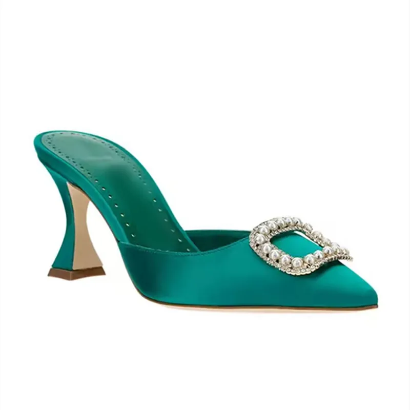 Women's slippers Spring/Summer 2023 New style high heel rhinestone square button pointy fashion banquet thin heel Baotou slipper