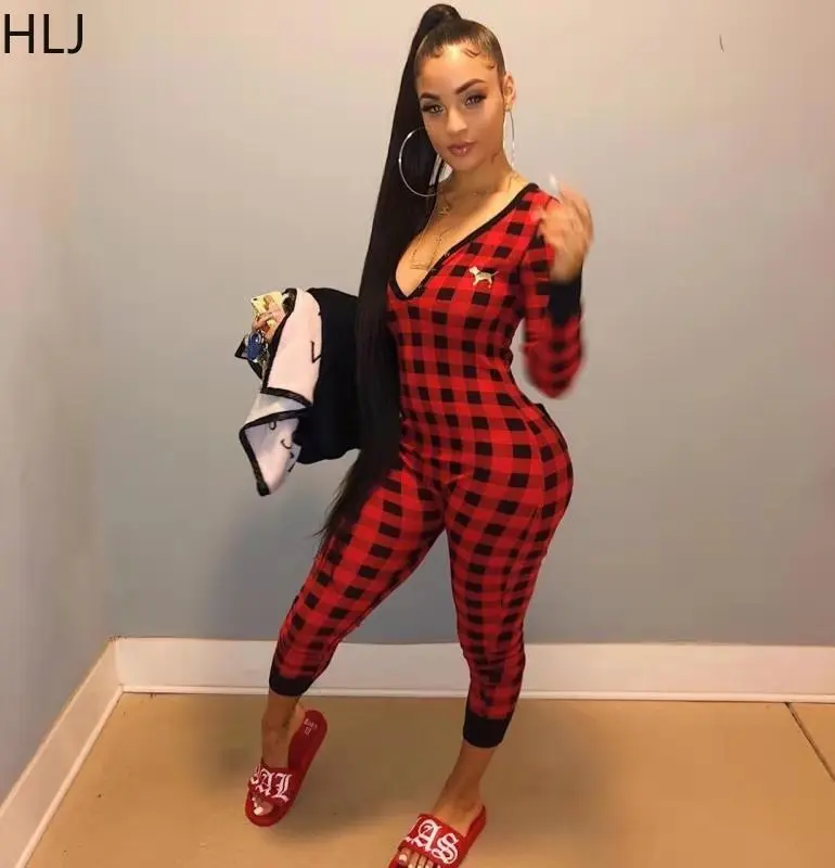 HLJ Sexy Plaid Printing Embroidery Bodycon Jumpsuits Women V Neck Long Sleeve Slim Playsuits Female Party Club One Piece Overall