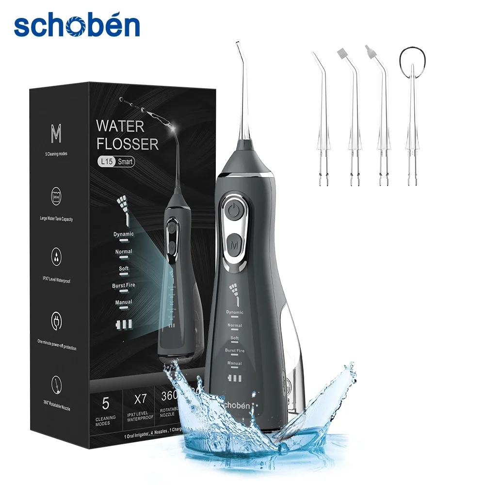 Oral Irrigator Water Flosser Dental Cleaner Schoben Portable Dental Oral Irrigator Water Flosser USB Rechargeable 4 Nozzles Water Jet 300ml Tank Waterproof IPX7