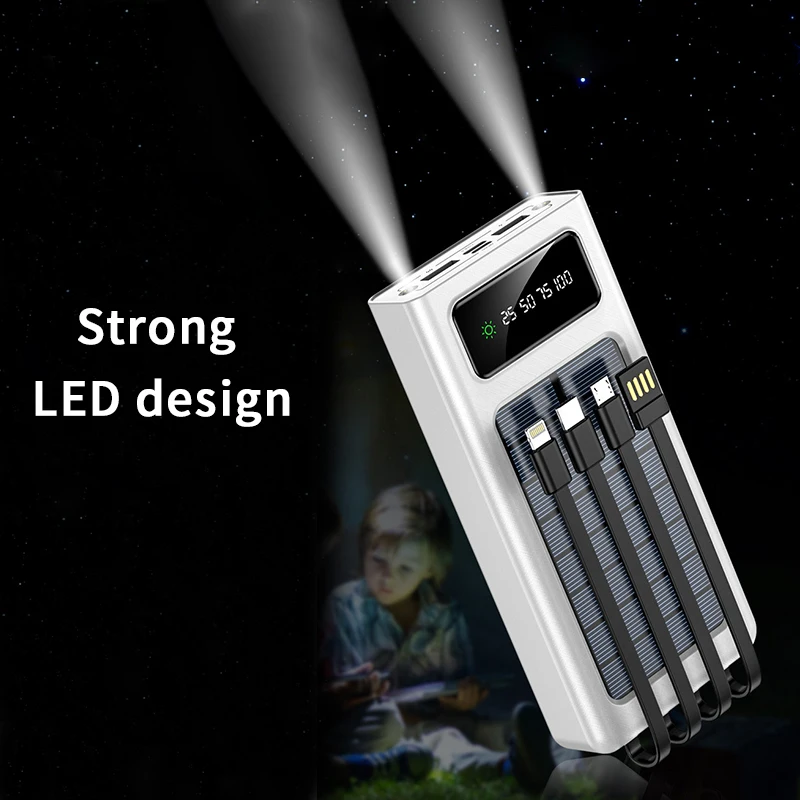 10000-50000mAh Outdoor Solar Power Bank with LED Light Hiking Supplies Large Capacity Fast Charging Battery Phone Power Bank