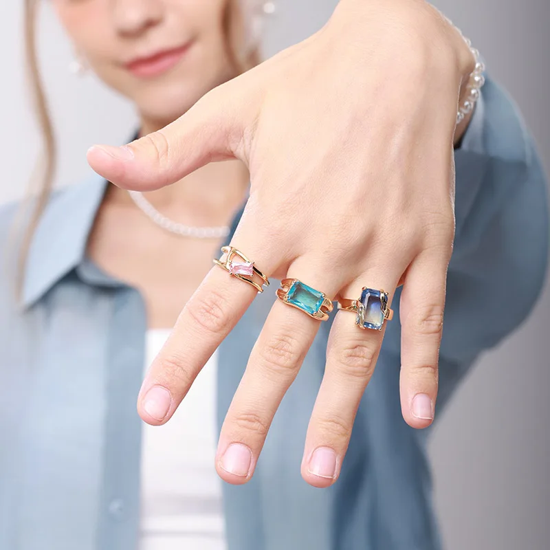 Cubic Zircon Blue Square Stone Rings For Women