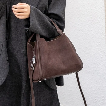 BURMINSA Genuine Leather Suede Bucket Shoulder Bag For Women Luxury Patchwork Top Handle Handbags Vintage Office Crossbody Purse 1