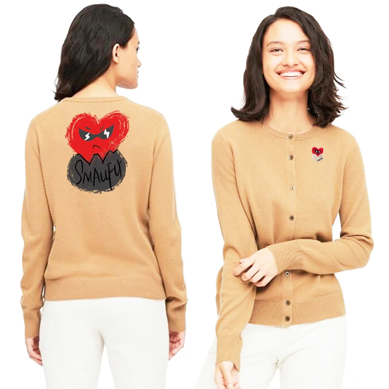 

Break Egg Cardigan Women Cotton Heart Eggshell Embroidery Back Cartoon Splash-ink Print O-neck Buttons Fit Spring Casual Sweater