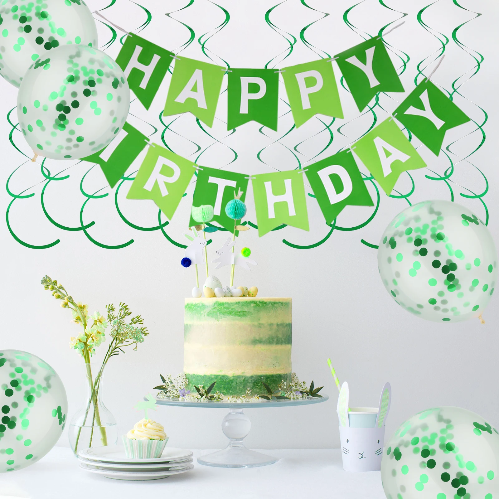 

24pcs Set 32 8ft White Aluminium Foil Hanging Swirls 12 Inch Green Latex Confetti Transparent Balloons Streamers Party