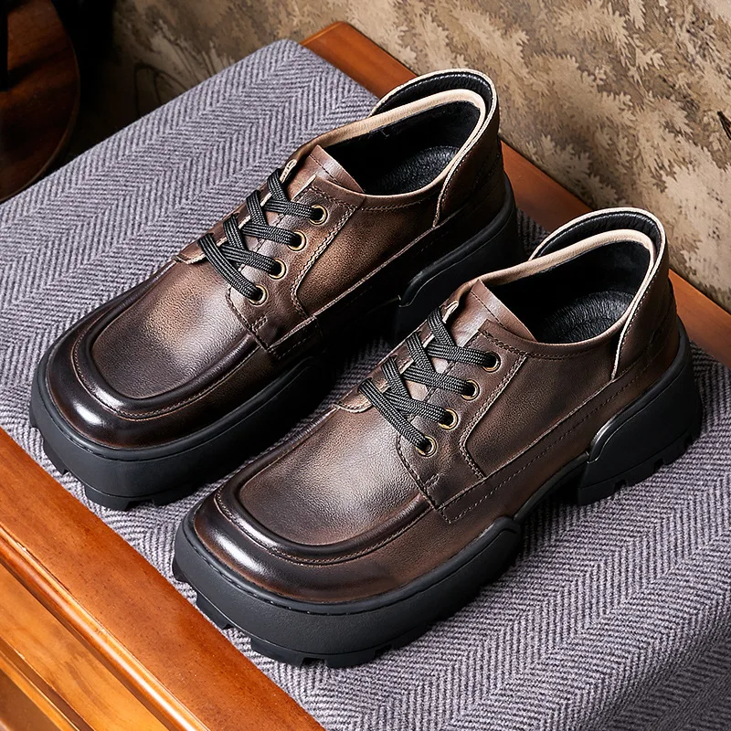 

Retro leather men's shoe platform with elevated leather, casual loafers, gentlemanly and elegant big head style