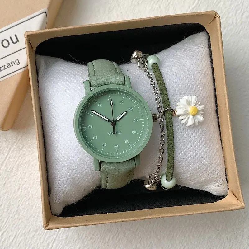 Korean Retro Harajuku Style Dark Green Girl Frosted Leather Quartz Watch Delivery Box Bracelet Children\'s Birthday Gift Clock