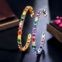 CWWZircons Genuine Multicolor Rainbow Cubic Zirconia Paved White Gold Plated Round Open Cuff Bangle Fashion Boho Jewelry BG047 1