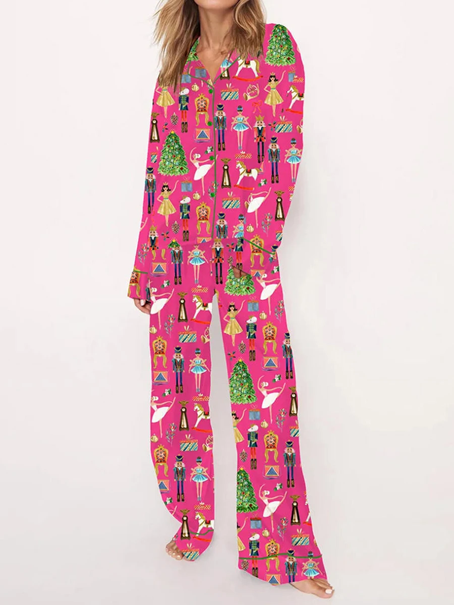 thumbnail image 1 of Conjunto de pijama navideño de seda satinada cómodo para mujer, camisa de manga larga con diseño de cascanueces, conjunto de pijama de dos piezas, pantalones y ropa de dormir, 1 of 4