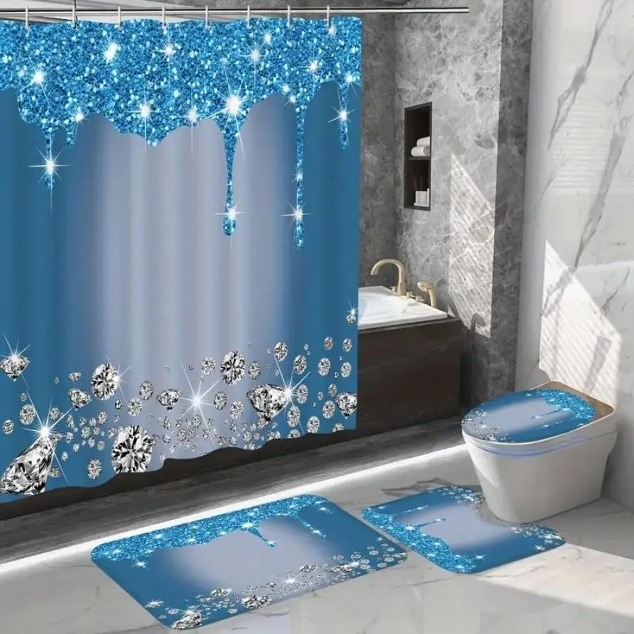 Sparkling Diamond Shower Curtain Set Shiny Bathroom Trim Carpet And Toilet Seat 4Pcs