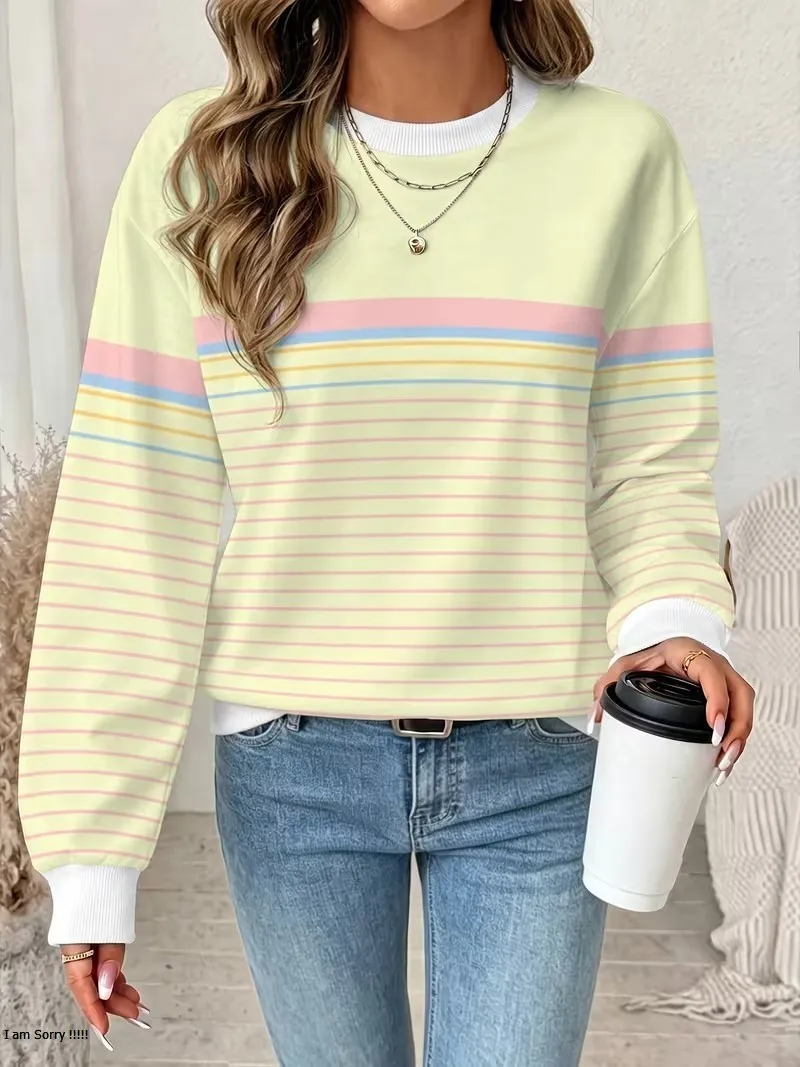 Women's Long Sleeved Round Neck Daily Casual Versatile Pullover Tops 3D Striped Splicing Regular Sweatshirt