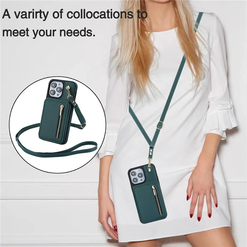 Lanyard Leather Zip Wallet Card Phone Case with Hand Rope Flip Cover