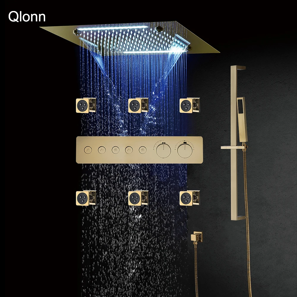 

Qlonn 20 Inch LED Multi Functions Rain Shower Head Bathroom Black Shower Faucet Set NEW Push Button Smart Thermostatic Mixer