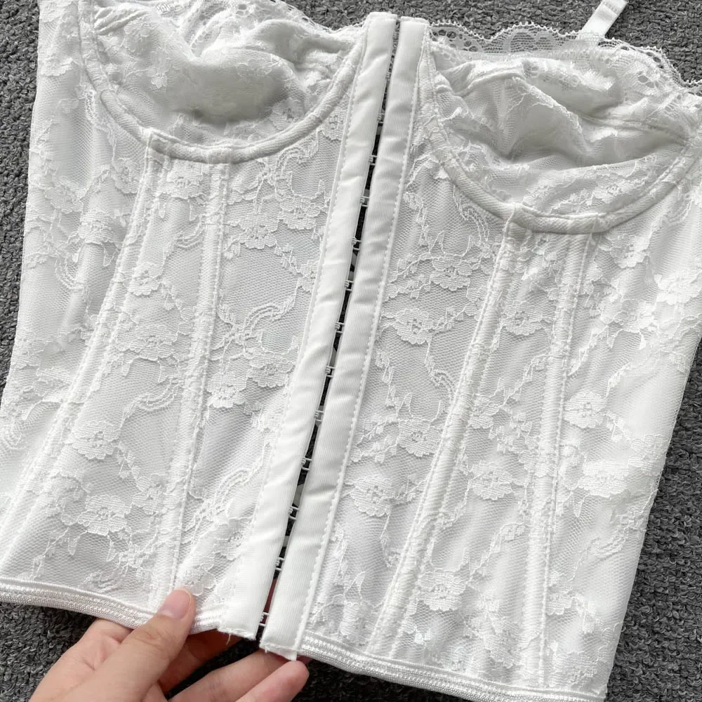 Frau Skinny Rückenfreies Leibchen Mehrfarbige Stickerei Tank Tops Spicy Girls Spitze Spaghettiträger Top Fishbone Tanks – Detail 12