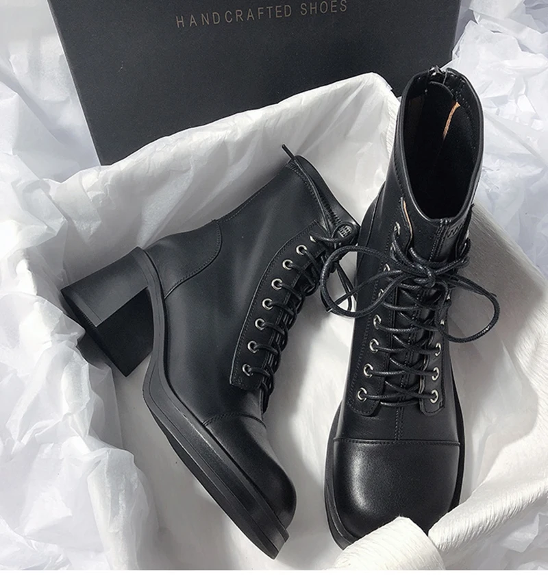 New Leather Ankle Boot For Women Motor Boot Retro Lace-up High Heels Shoes Woman Short Boot Square Toe Footwear 34-40