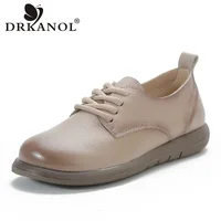 DRKANOL Fashion Women Flat Shoes Spring Autumn Round Toe Lace-Up Genuine Cow Leather Soft Sole Comfort Casual Single Shoes Woman 1