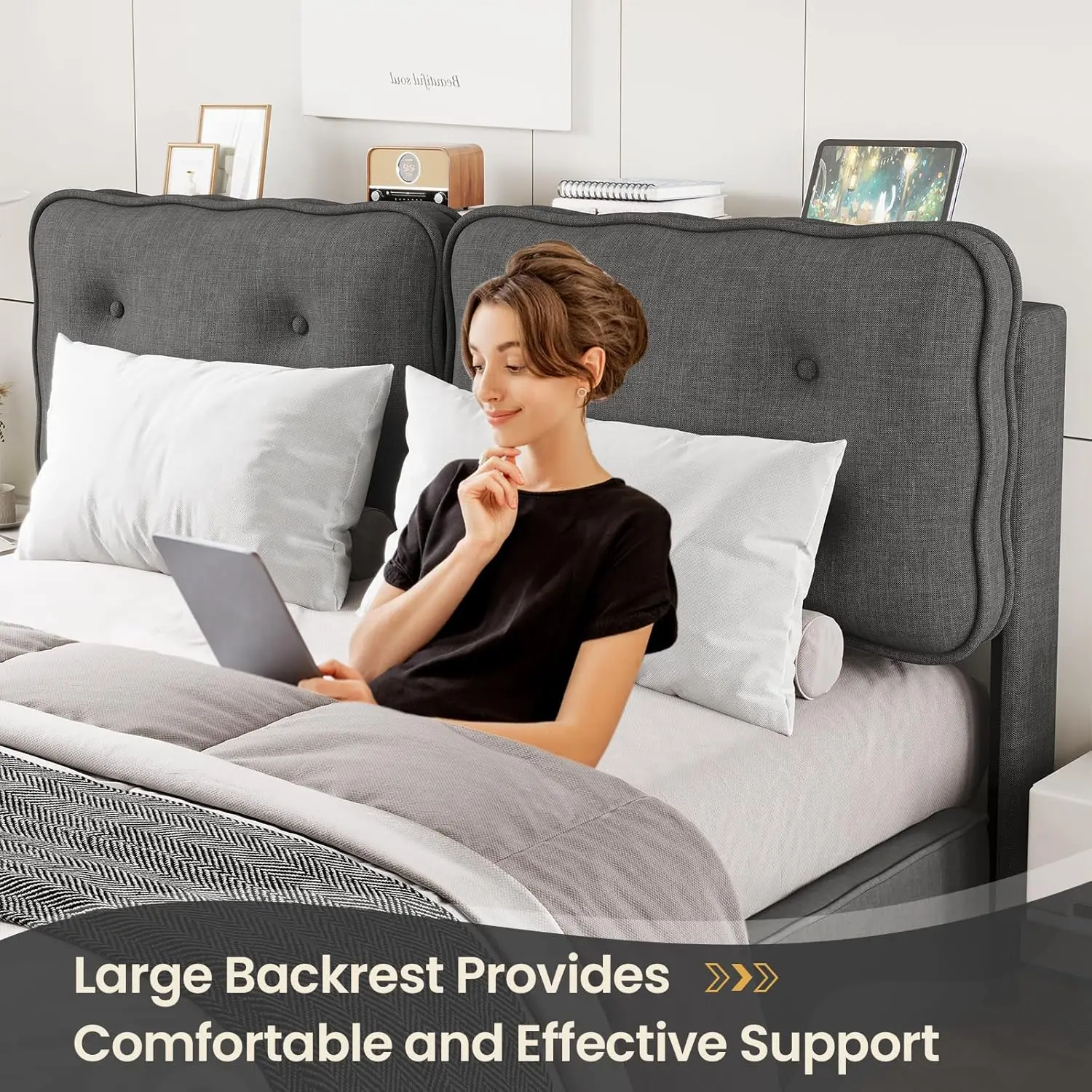 King Size Upholstered Headboard with Storage Linen Tufted King Size Headboard Only Modern Biscuit Shape with Ad
