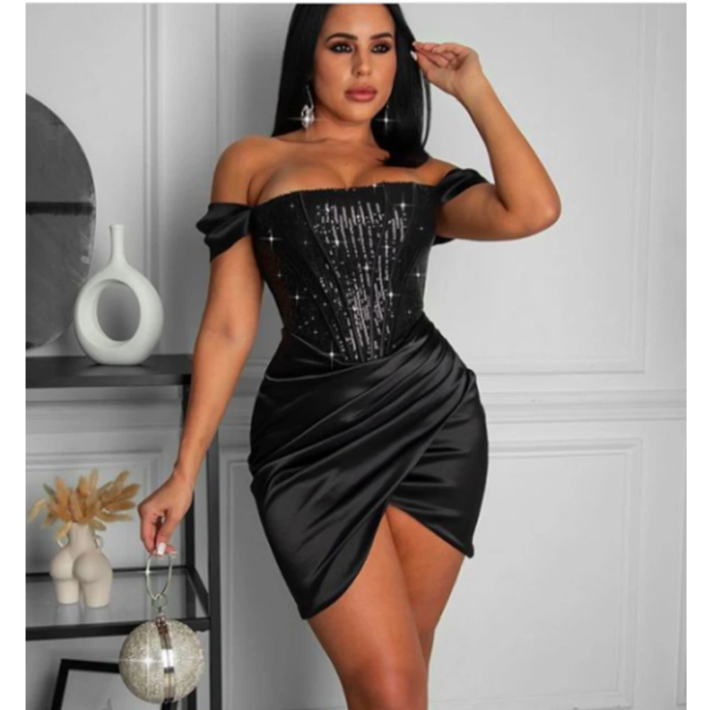 Summer Off Shoulder Draped Mini Dress Women Sexy Split Sequins Corset Black Short Sleeve Club Bodycon Backless Party |