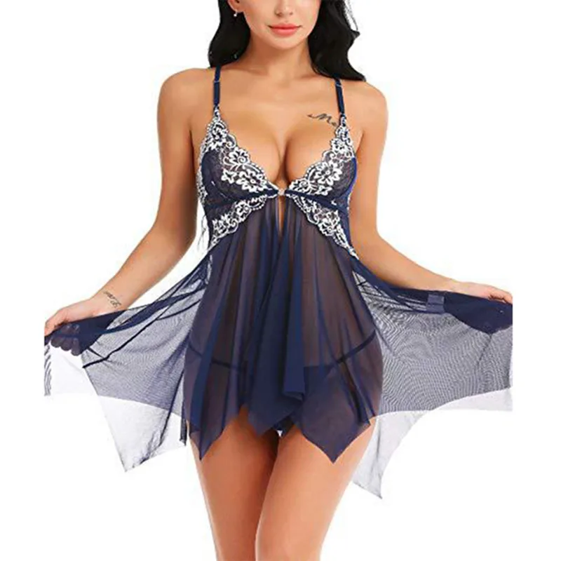 Transparent Erotic Open Pajamas Set Porn Lace Tulle Dress Lingerie Women Open Crotch Sleepwear Temptation Black Sexiest Nighties
