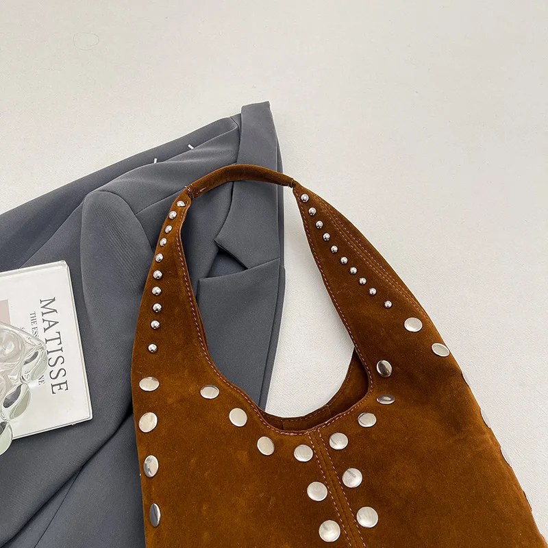 Große kurze Griff PU-Leder einfarbige Tragetaschen für Frauen 2026 Y2K Damen Umhängetasche weibliche Retro-Handtasche Designer Nietentasche – Detail 15