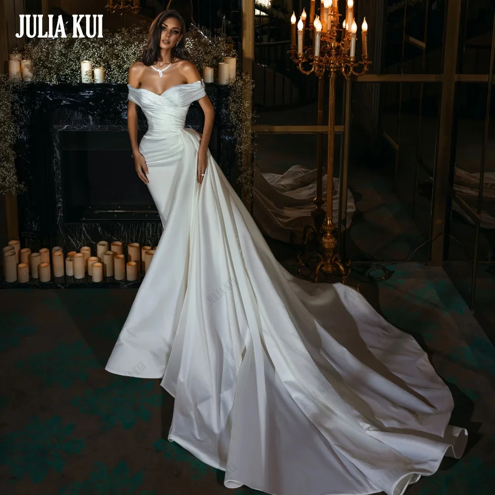 

Julia Kui Luxury Satin Beading Pearls Mermaid Wedding Dresses Sweetheart Ruched Pleats Off Shoulder Trumpet Bridal Gowns