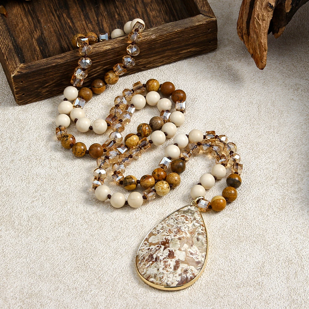 Neue böhmische Vintage-Stil Frauen Schmuck 8mm Naturstein Kristall Glas Knoten Halskette, Stein Tropfen Anhänger Halskette – Detail 6