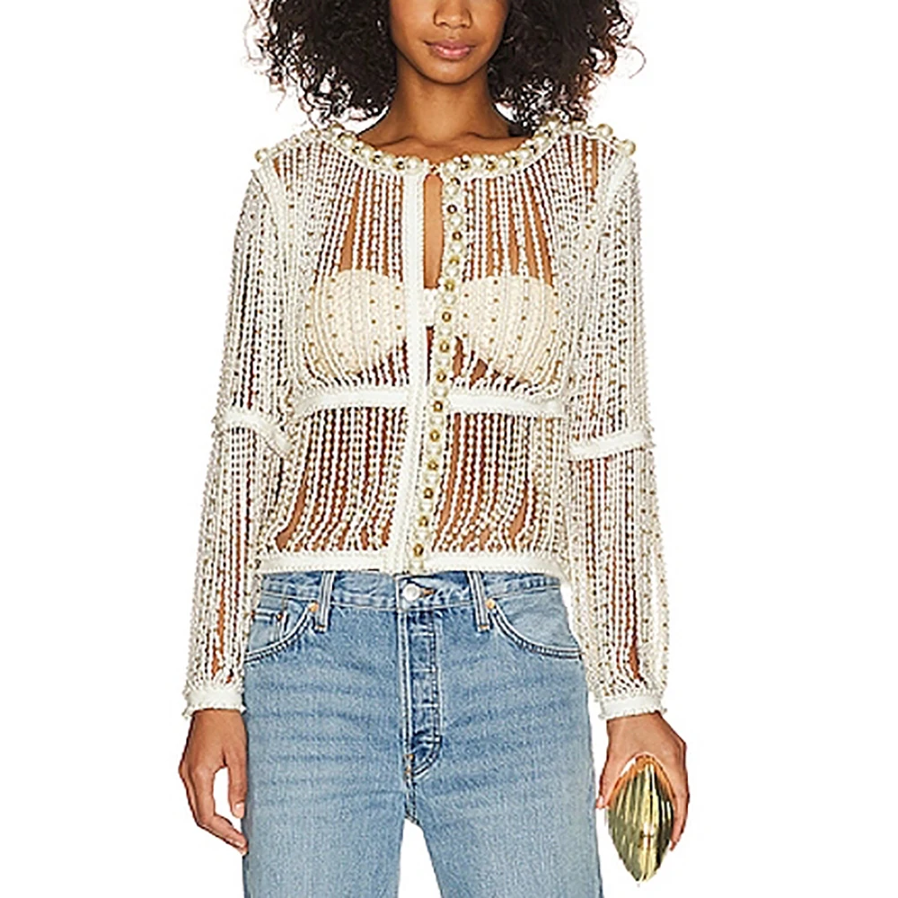 

High-quality Handmade Beaded Mesh Women's Tops Y2k Temperament Commuter Hundred Round Neck Long Sleeve Jacket 2024 Summer New