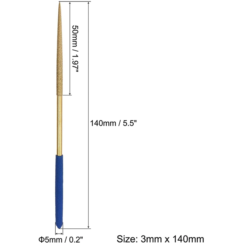 Diamond Needle File Set 3Mm X 140Mm, Round Files Titanium Coated Tools For Metal Wood Stone Glass, 10Pcs