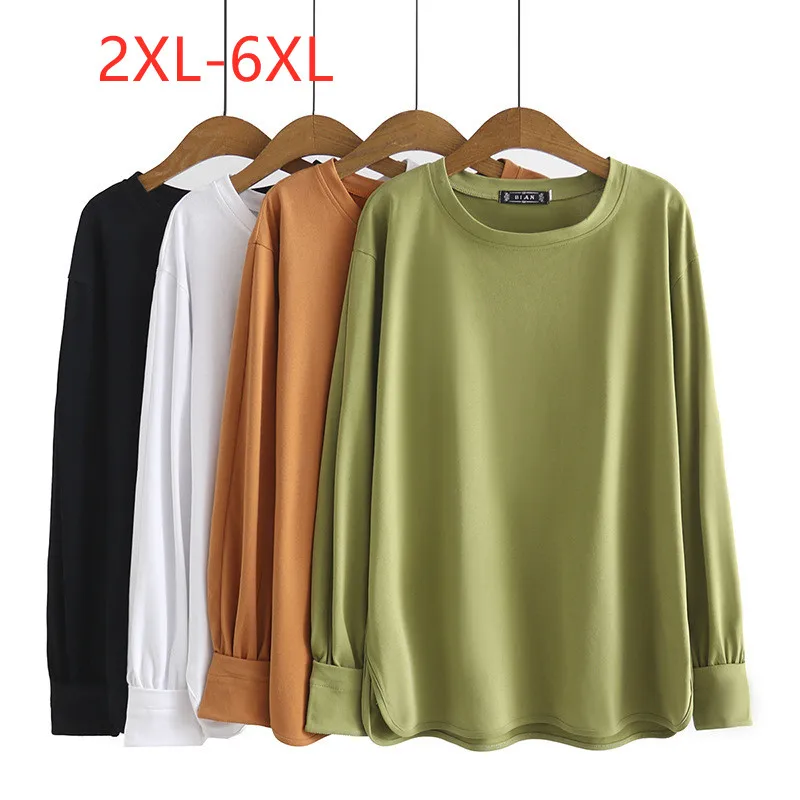 

Large women's 2022 spring new slim loose solid color Plus Size long sleeved T-shirt