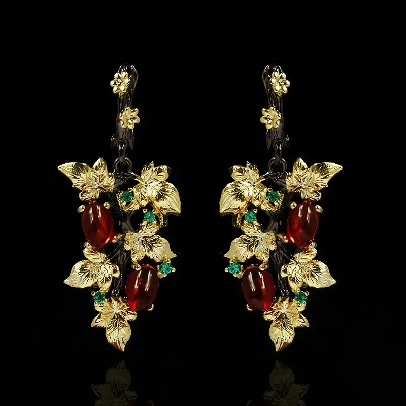 925 Silver Earrings Flower Leaf Ruby Pendant Crystal Gemstone