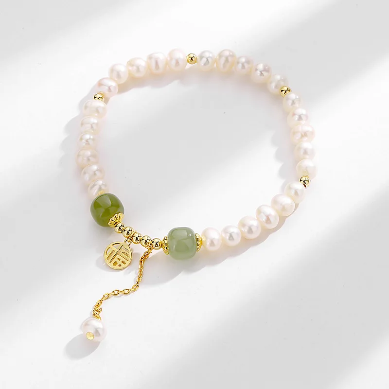 

Ladies Sterling Silver Pearl Bracelet Gold Color Chinese Style Chalcedony Baroque Beads Fashion Jewelry Couple Holiday Gift