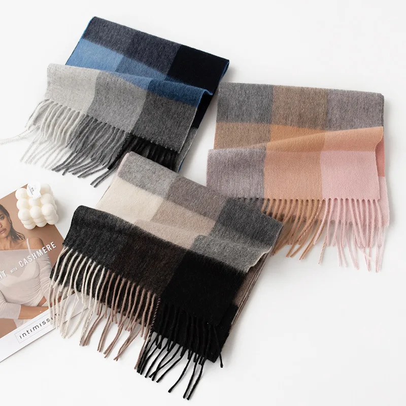 Thickened Autumn and Winter Plaid 100% Wool Scarf with Womens High End Feel Tassel Fashion Warm Scarf Comfortable Shawl