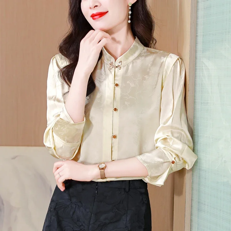 

YCMYUNYAN-атласные Цветочные винтажные блузки для женщин, женская рубашка в китайском стиле, шелковая модная одежда, свободные длинные рукава, топы