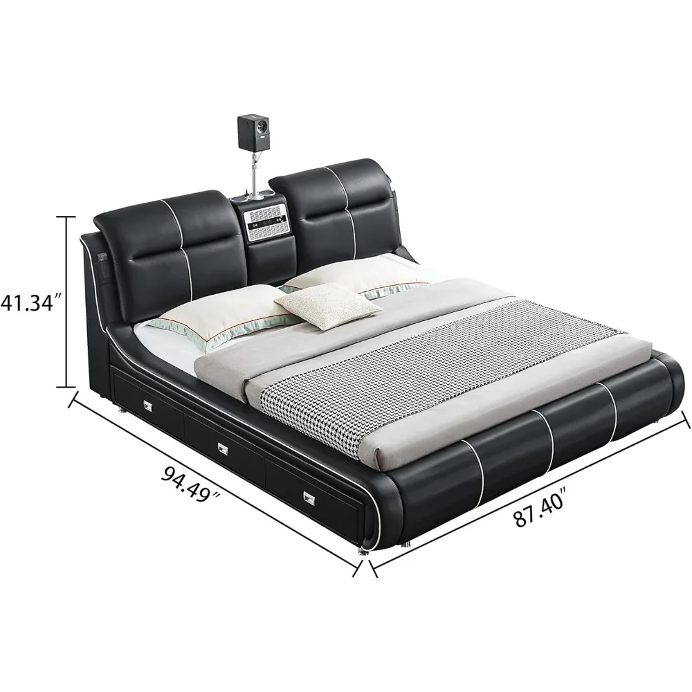 Luxury Multifunction King Size Bed Frame, Modern Smart Platform Bed with 720P Projector/Music Speaker/USB Port/Storage Drawers 2