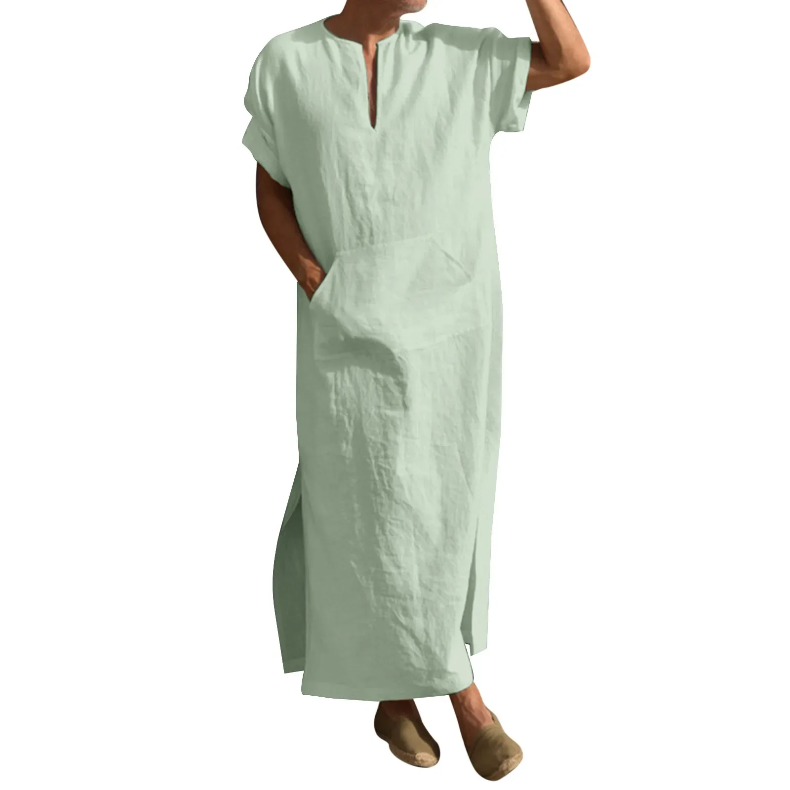 Islamic Arabic Kaftan Men Half Sleeve Solid Color V Neck Muslim Clothes Loose Casual Middle East Dubai   5XL