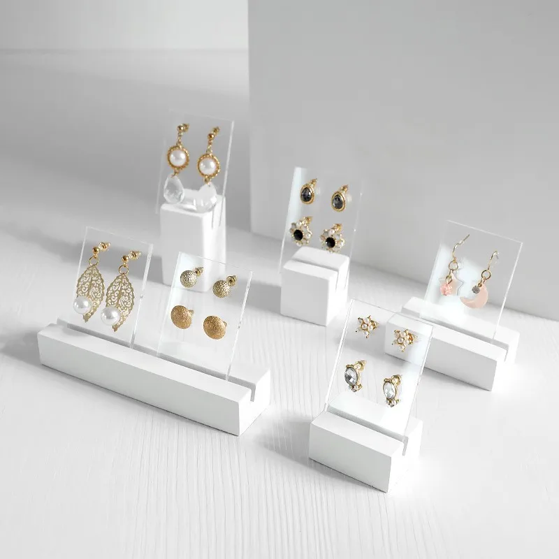 White Resin Base Acrylic Earrings Card Slot Jewelry Rack Earrings Ring Necklace Storage Organizer Retail Exhibitor Display Props white acrylic jewelry ring display holder stand u shape earring retail display
