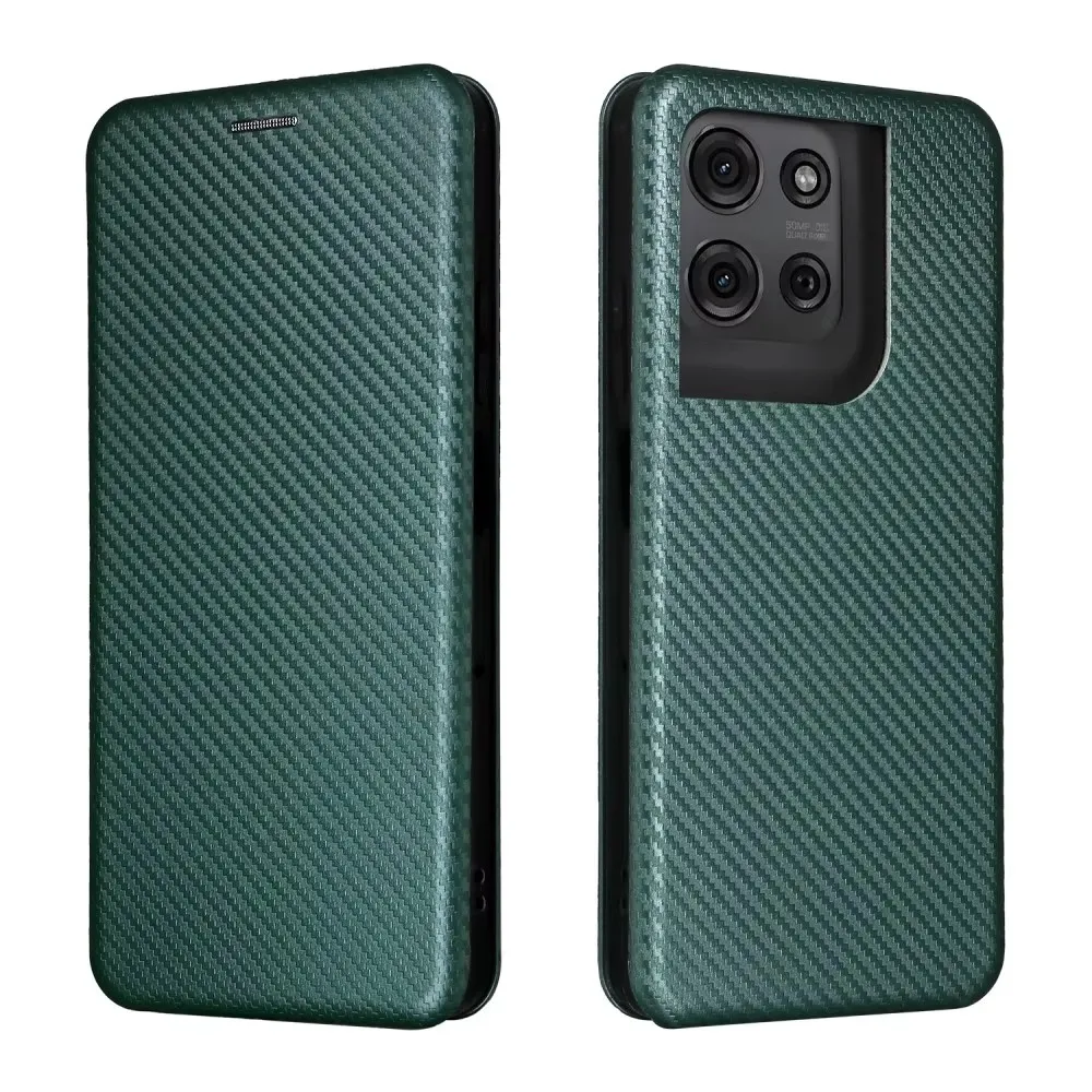 Leather Wallet Phone Case with Magnetic Closure - Carbon Fiber Finish