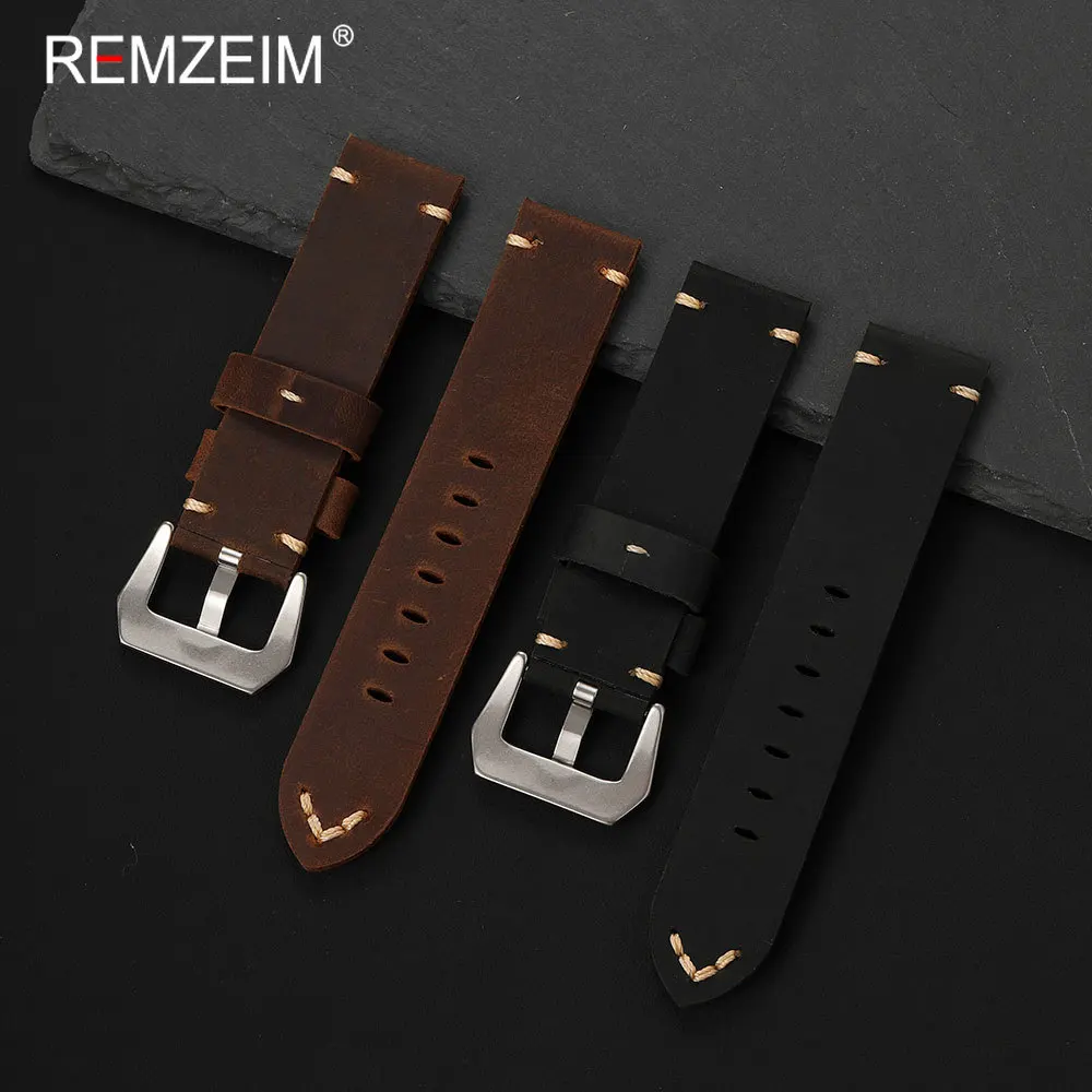 Men's Extra Thick Crazy Horse Leather Watch Strap - Sport Style Durable Replacement Wristband
