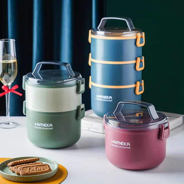 304 Rozsdamentes Acél Kerek Szigetelt Ebéddoboz Dupla Rétegű Háromrétegű Diák Anyag Többrétegű Vödör - Image 2