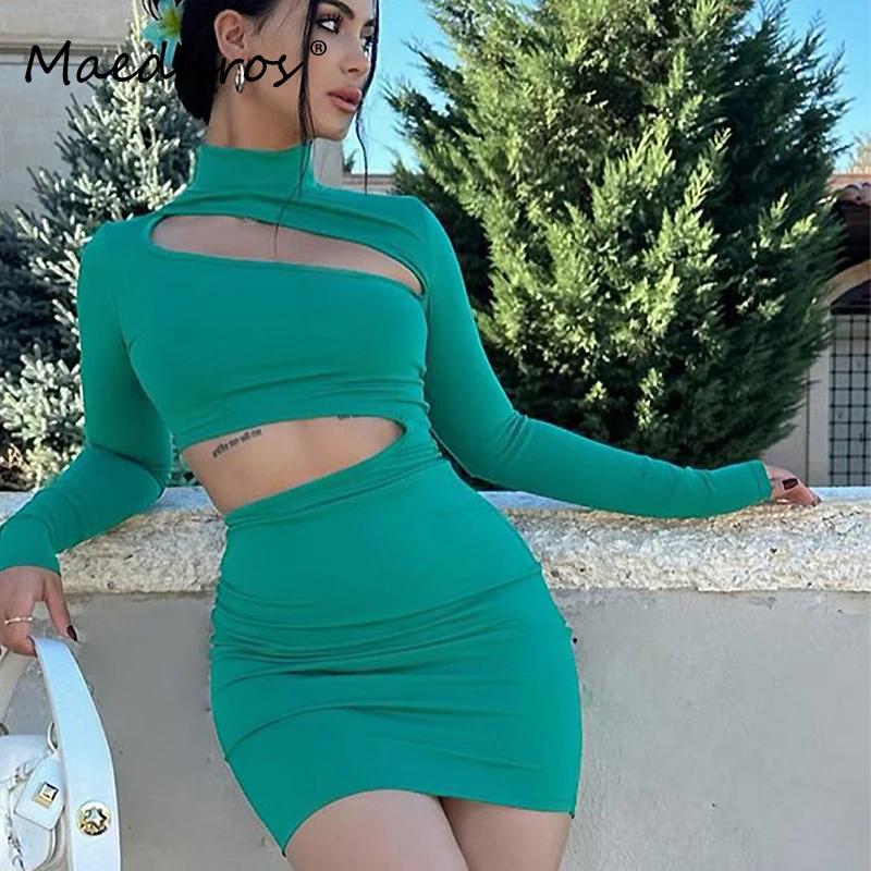 

Solid O Neck Long Sleeve Hollow Out Women Sexy Slim Mini Dress Fall Fashion Evening Party Dress Casual Nightclub Y2K Outfit