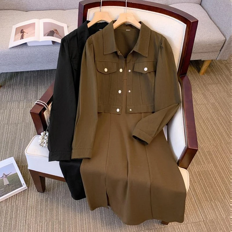 

Женский Осенний повседневный комплект из двух предметов, модная куртка и плиссированное длинное платье на бретельках, Элегантная черная и абрикосовая одежда, большие размеры 4XL