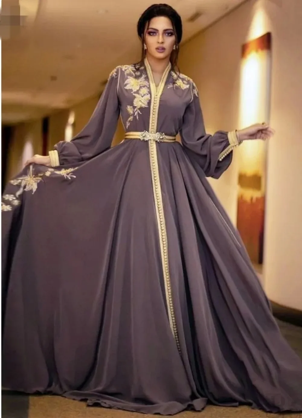 

Марокканское Дубае, блестящая Кружевная аппликация 2024, v-образный вырез, длинные рукава, официальное платье, арабское мусульманское блестящее платье