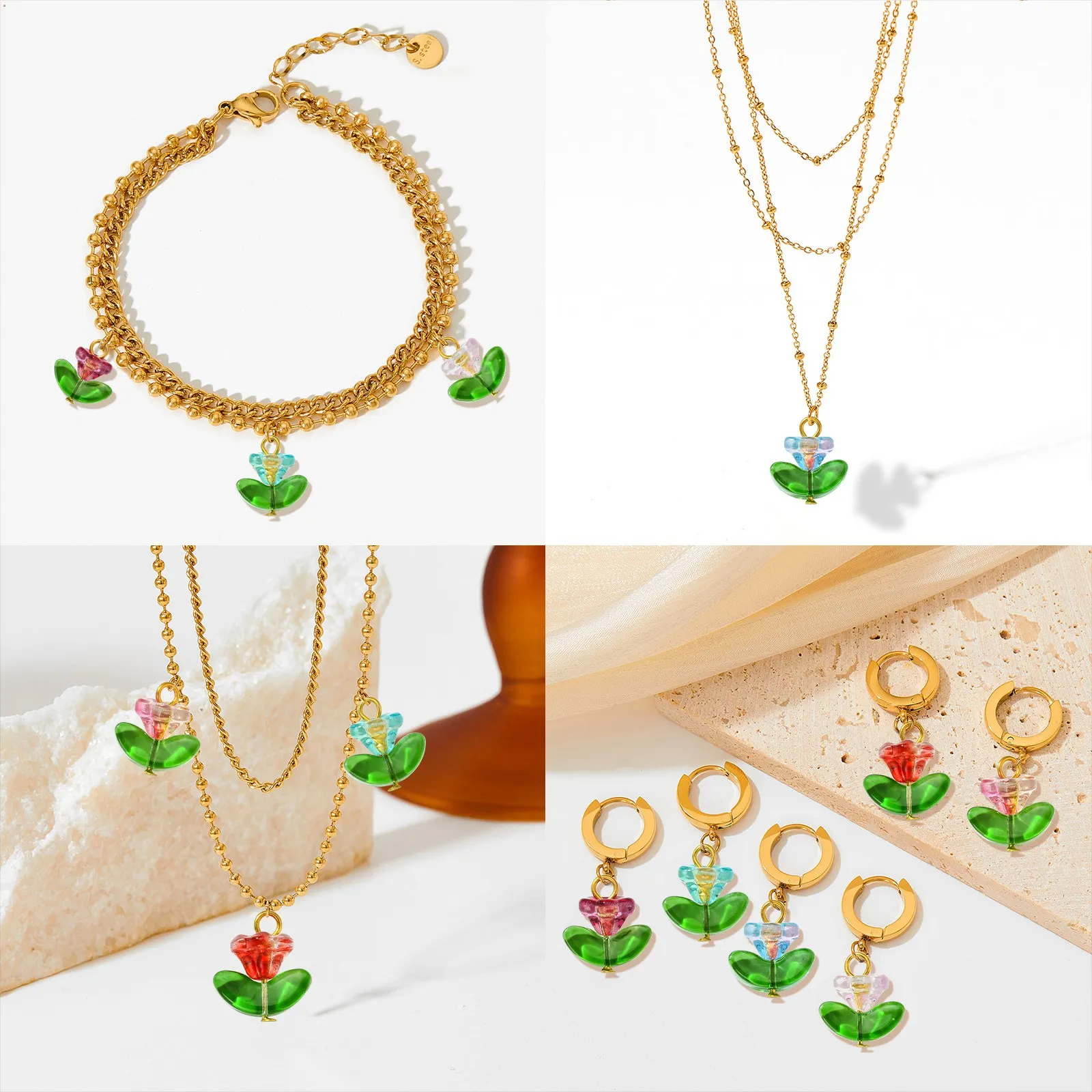 Panda hall 120pcs 6 Farben Glas blume Charms Kristall Blumen mit grünen Blatt Charms Frühlings pflanze Anhänger für die Schmuck herstellung – Detail 8