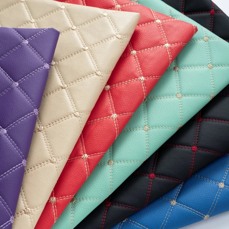 Embroidered Plaid Quilted PU Leather Fabric for DIY Upholstery Projects