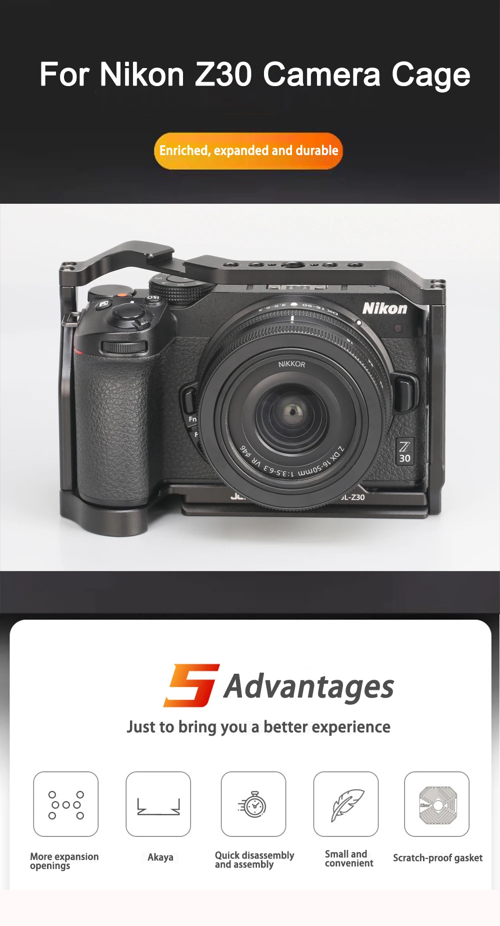 Description Picture 2 of itemFOTGA Camera Cage For Nikon Z 30 Quick Release L Plate Z30 Aluminum Alloy Cage with Cold Shoe Mount for Microphone and LED Light