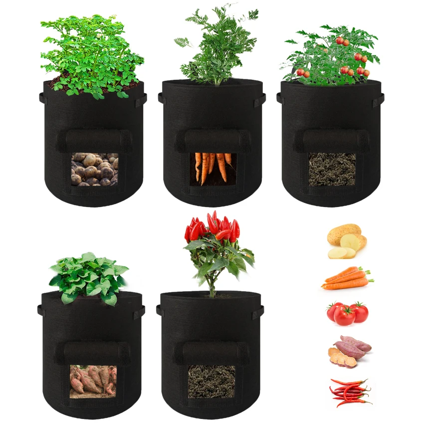 

5 Pack of 10-Gallon Potato Grow Bags with Access Flap and Handles for Planting Root Veg, Tomatoes, Fruits and Plants(BLACK)
