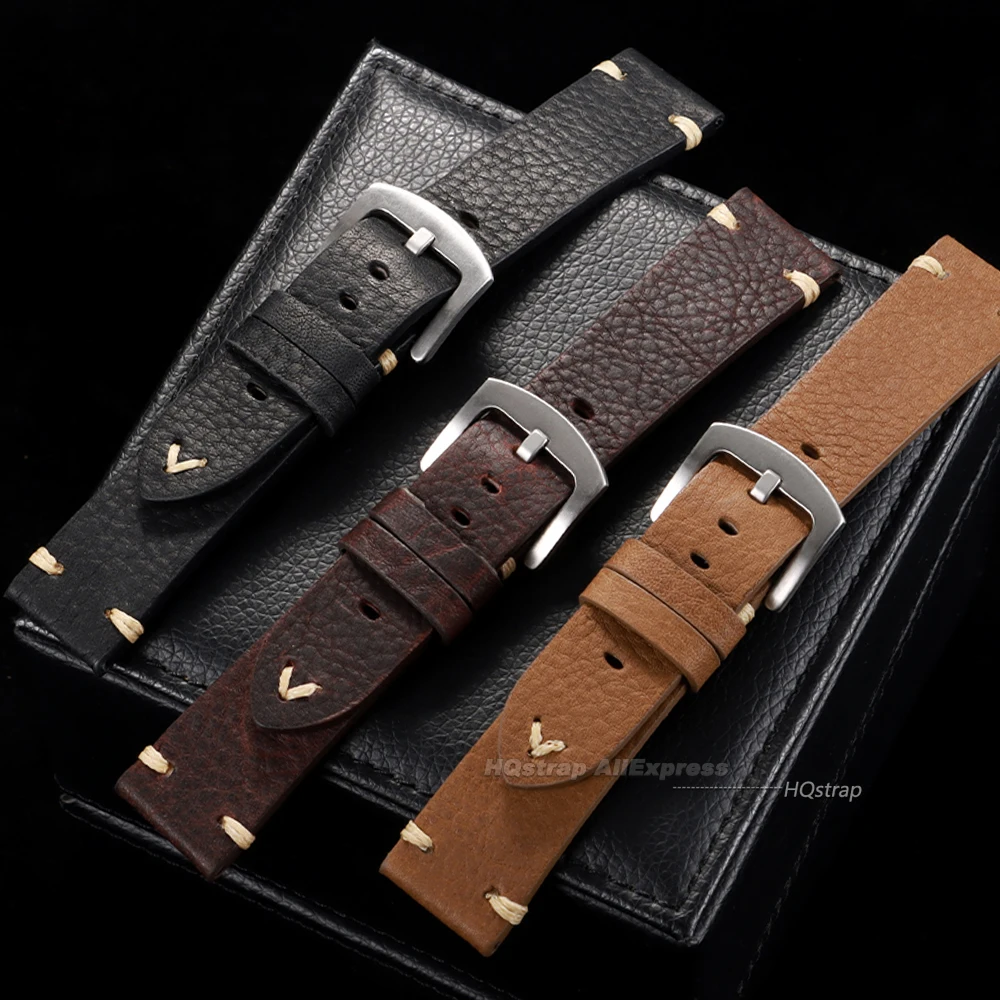 Vintage Genuine Cowhide Leather Watch Band with Handmade Stitching